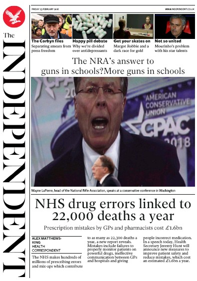 The Independent Newspaper Front Page for 23 February 2018