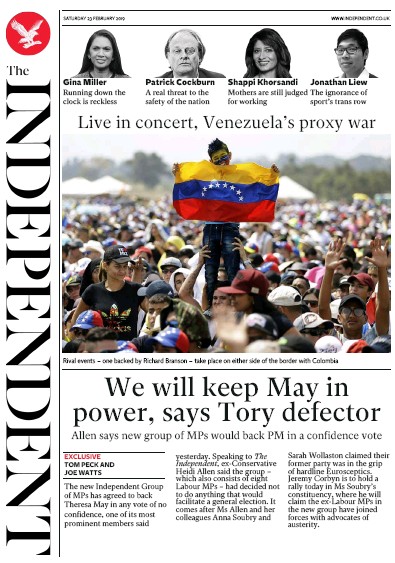 The Independent (UK) Newspaper Front Page for 23 February 2019