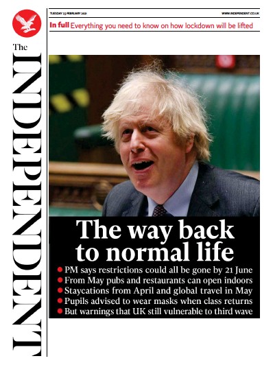 The Independent (UK) Newspaper Front Page for 23 February 2021