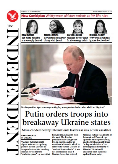 The Independent Newspaper Front Page for 23 February 2022