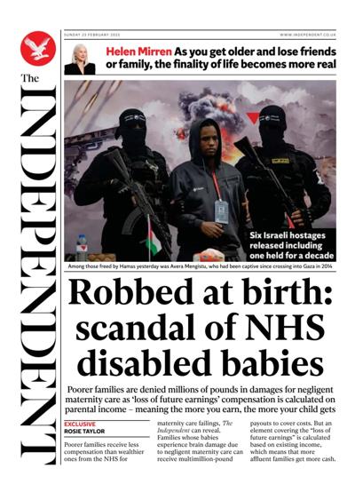 The Independent (UK) Newspaper Front Page for 23 February 2025