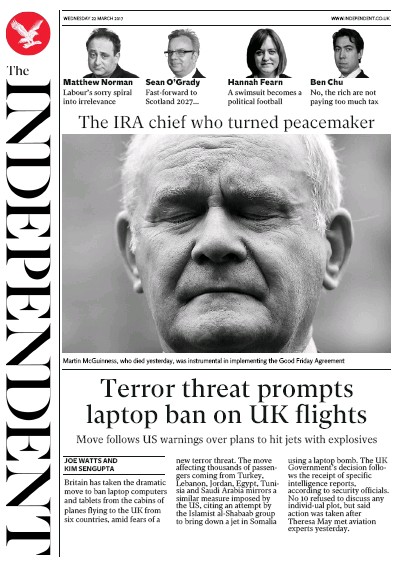 The Independent Newspaper Front Page for 23 March 2017