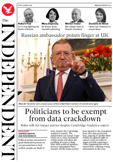 The Independent Newspaper Front Page for 23 March 2018