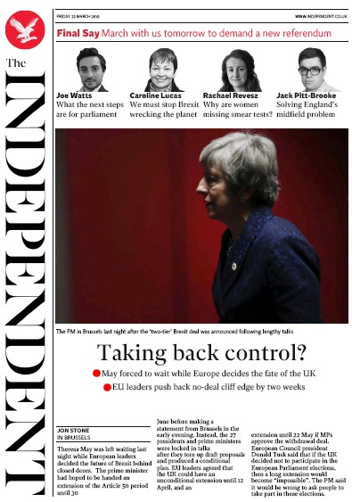 The Independent Newspaper Front Page for 23 March 2019