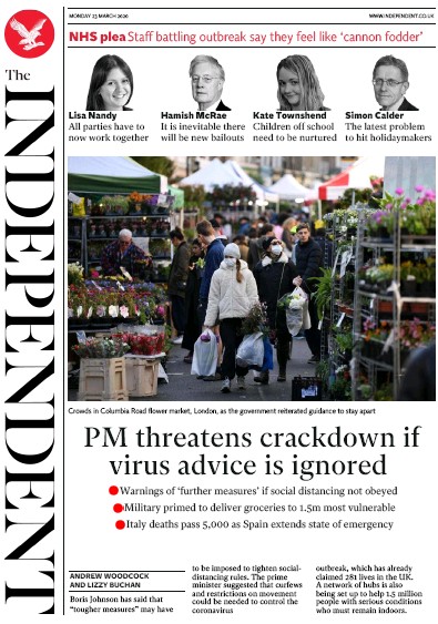 The Independent (UK) Newspaper Front Page for 23 March 2020