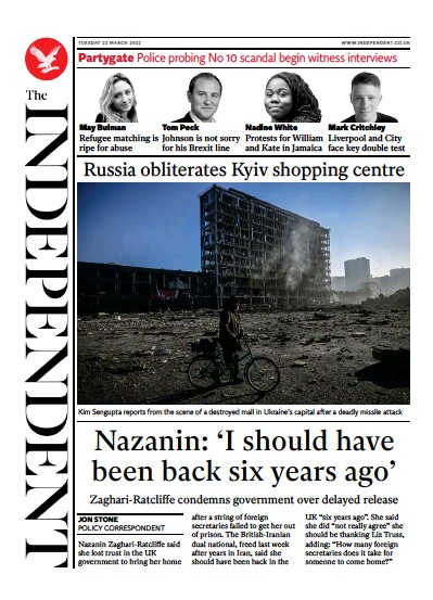 The Independent (UK) Newspaper Front Page for 23 March 2022