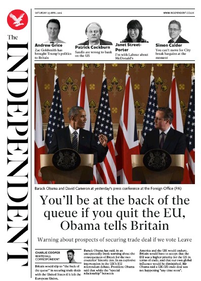 The Independent Newspaper Front Page for 23 April 2016