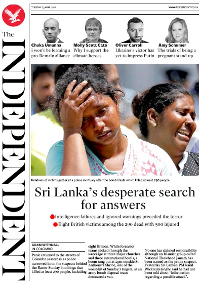 The Independent Newspaper Front Page for 23 April 2019