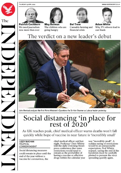 The Independent Newspaper Front Page for 23 April 2020