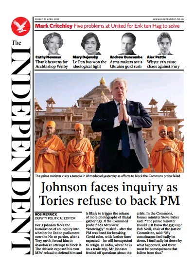 The Independent (UK) Newspaper Front Page for 23 April 2022
