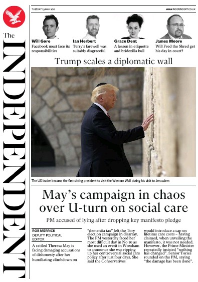 The Independent Newspaper Front Page for 23 May 2017