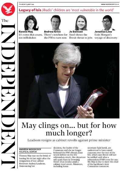 The Independent (UK) Newspaper Front Page for 23 May 2019