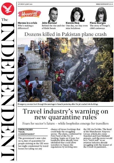 The Independent (UK) Newspaper Front Page for 23 May 2020