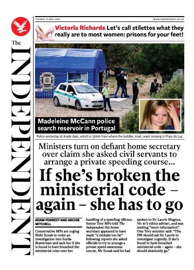 The Independent (UK) Newspaper Front Page for 23 May 2023