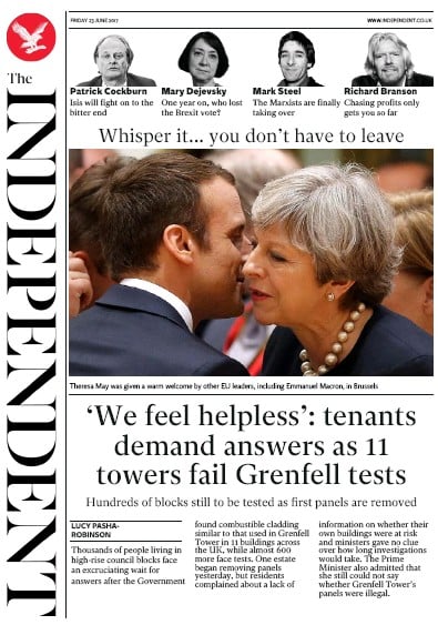 The Independent Newspaper Front Page for 23 June 2017