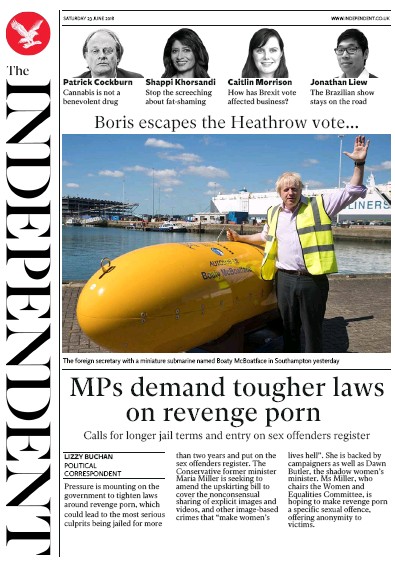 The Independent Newspaper Front Page for 23 June 2018