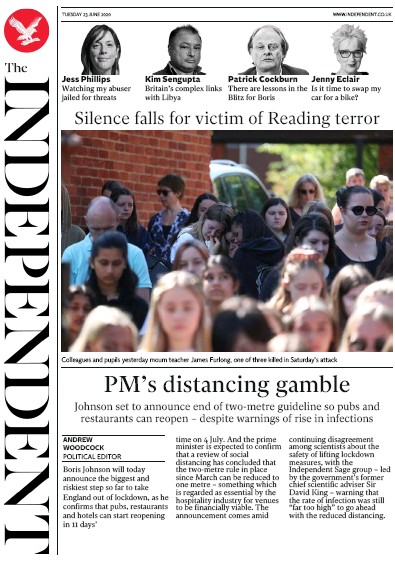 The Independent Newspaper Front Page for 23 June 2020