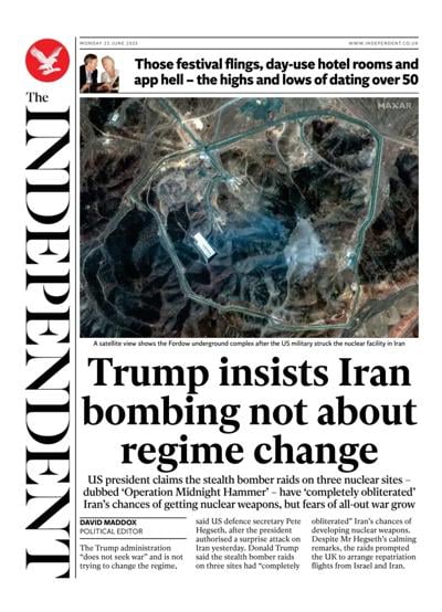 The Independent (UK) Newspaper Front Page for 23 June 2025