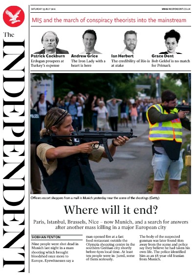 The Independent Newspaper Front Page for 23 July 2016