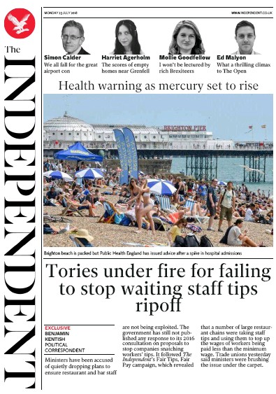 The Independent Newspaper Front Page for 23 July 2018