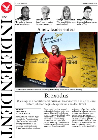 The Independent Newspaper Front Page for 23 July 2019