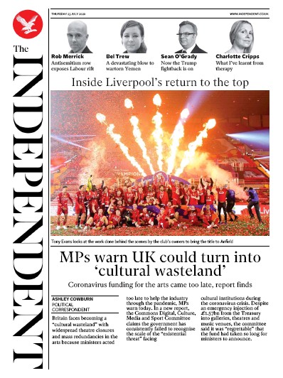 The Independent Newspaper Front Page for 23 July 2020