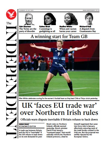 The Independent (UK) Newspaper Front Page for 23 July 2021