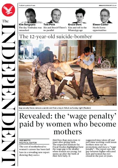 The Independent (UK) Newspaper Front Page for 23 August 2016