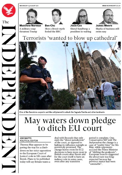 The Independent Newspaper Front Page for 23 August 2017
