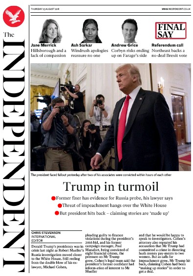 The Independent (UK) Newspaper Front Page for 23 August 2018