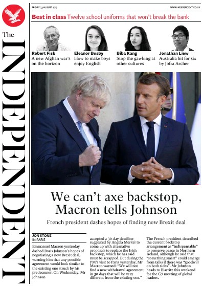 The Independent (UK) Newspaper Front Page for 23 August 2019