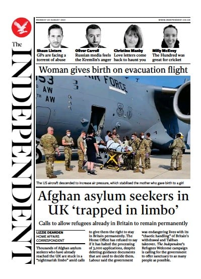 The Independent (UK) Newspaper Front Page for 23 August 2021
