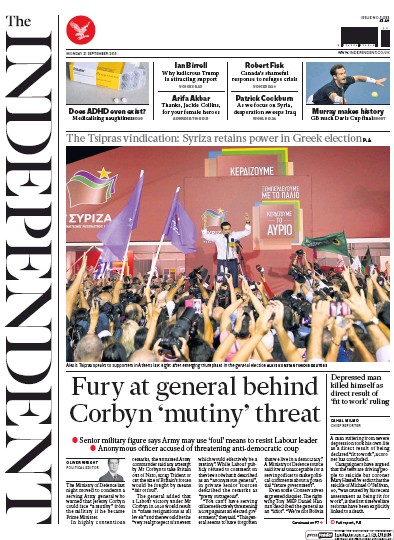 The Independent Newspaper Front Page for 23 September 2015