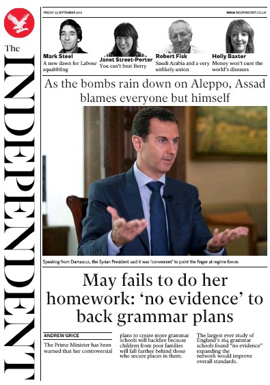 The Independent Newspaper Front Page for 23 September 2016