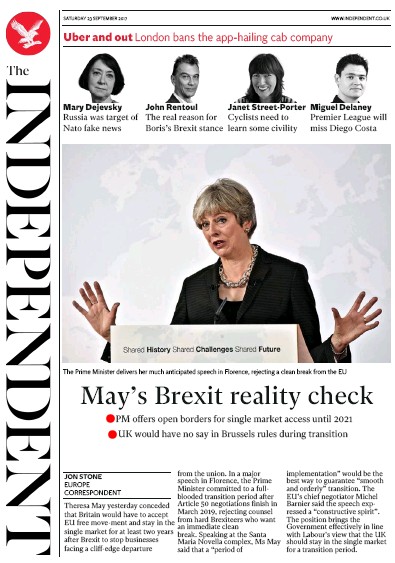 The Independent Newspaper Front Page for 23 September 2017
