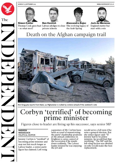 The Independent Newspaper Front Page for 23 September 2019