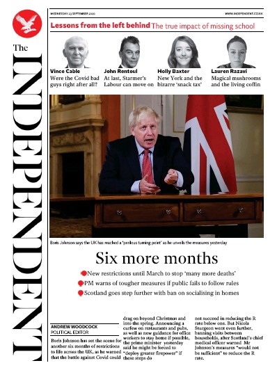 The Independent Newspaper Front Page for 23 September 2020