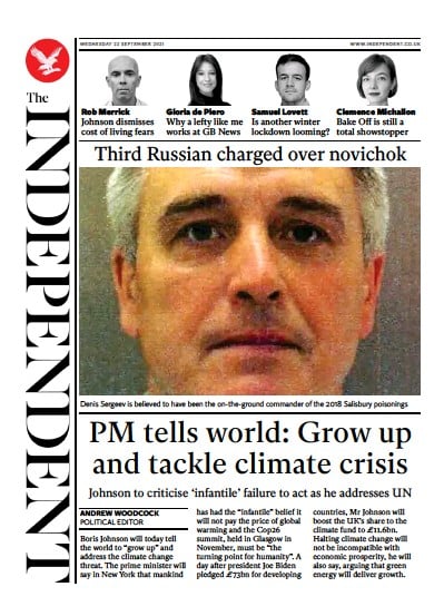 The Independent (UK) Newspaper Front Page for 23 September 2021