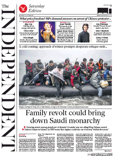 The Independent Newspaper Front Page for 24 October 2015