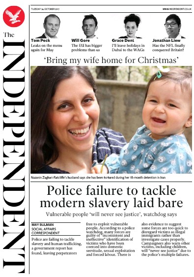 The Independent Newspaper Front Page for 24 October 2017