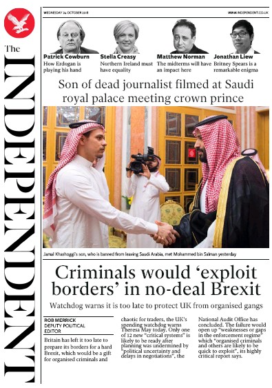 The Independent (UK) Newspaper Front Page for 24 October 2018