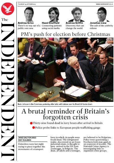 The Independent Newspaper Front Page for 24 October 2019