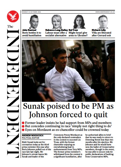 The Independent Newspaper Front Page for 24 October 2022