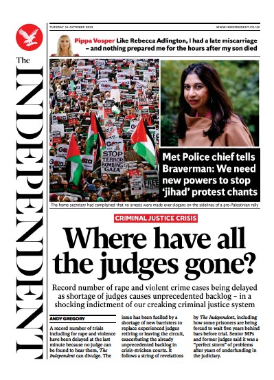 The Independent (UK) Newspaper Front Page for 24 October 2023