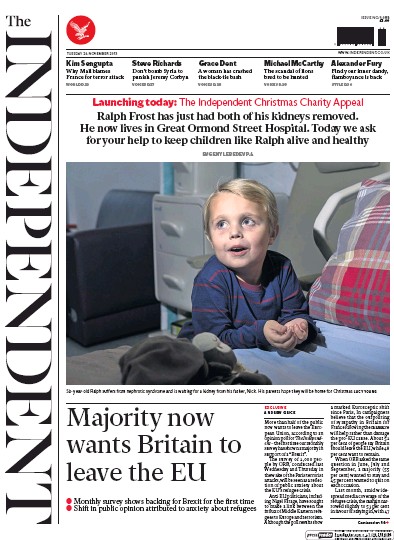 The Independent Newspaper Front Page for 24 November 2015