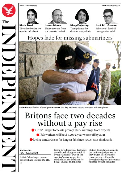The Independent Newspaper Front Page for 24 November 2017