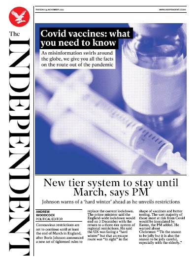 The Independent (UK) Newspaper Front Page for 24 November 2020