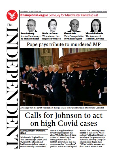 The Independent (UK) Newspaper Front Page for 24 November 2021