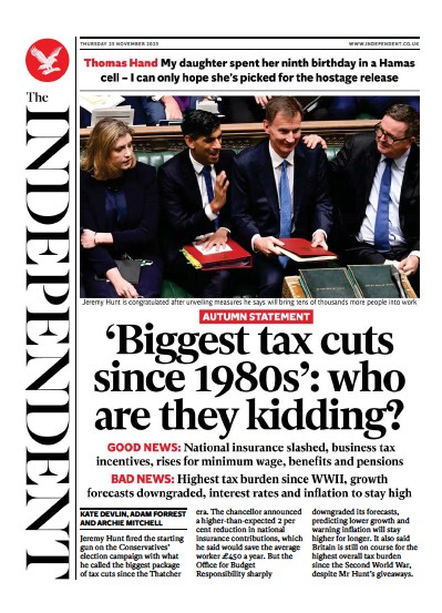 The Independent (UK) Newspaper Front Page for 24 November 2023