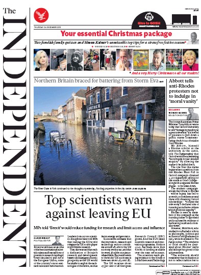 The Independent Newspaper Front Page for 24 December 2015